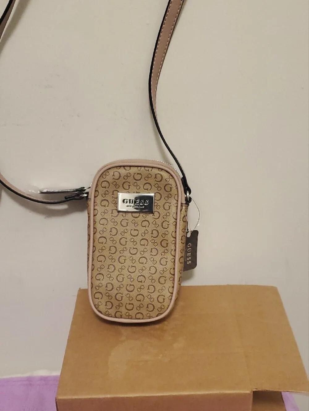 GUESS Beige Monogram Phone Crossbody with Pale Nude Trim